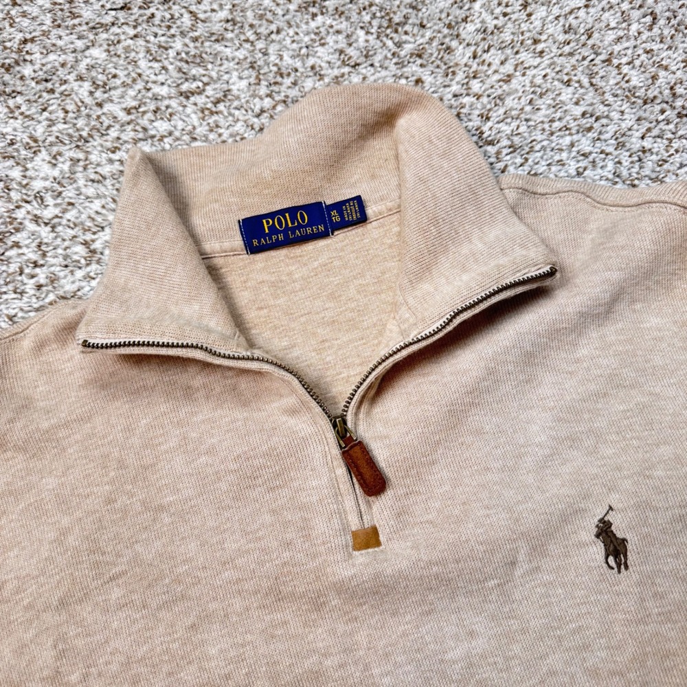 Polo Ralph Lauren Men's XL Tan 100% Cotton 1/4 Zip Long Sleeve Shirt Blue Pony